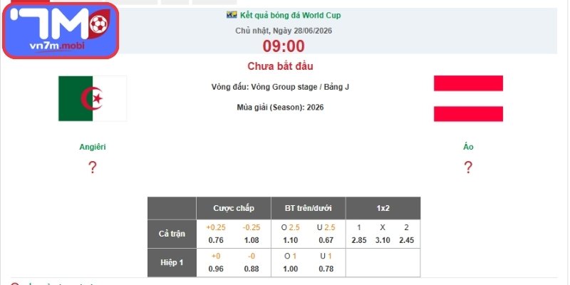 Kèo Châu Á trận Algeria vs Áo (09:00 28/06 | Bảng J - World Cup)